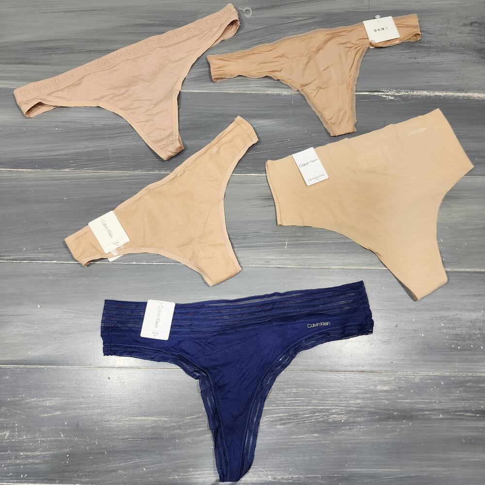 5‎ Pair of Thong Underwear Panties Size Medium Beige Blue Calvin Klein DKNY